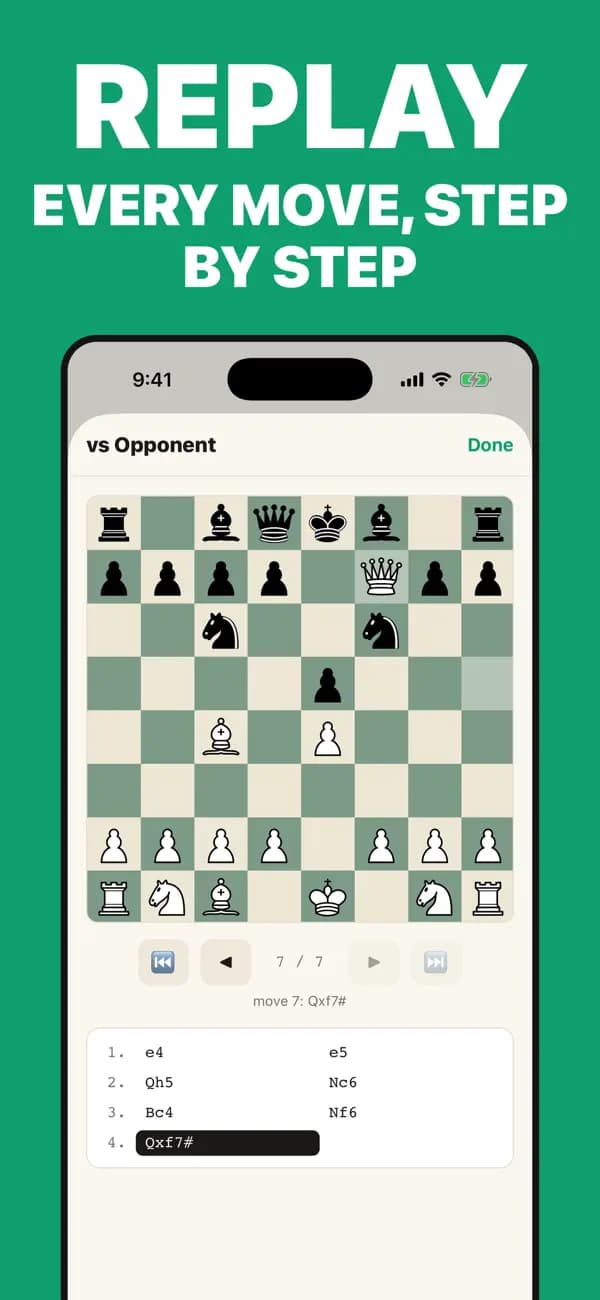 Chess2EZ iPhone app replaying every move of an analyzed chess game