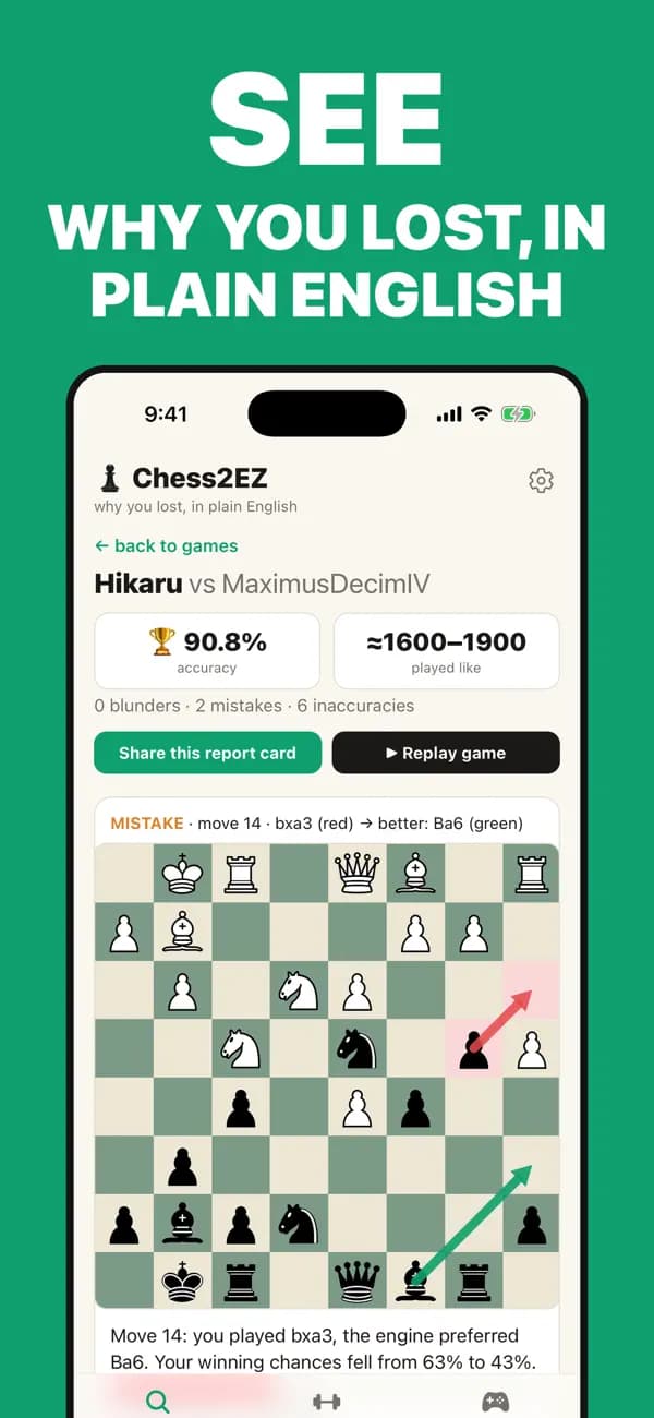 Chess2EZ iPhone game report explaining a chess blunder in plain English