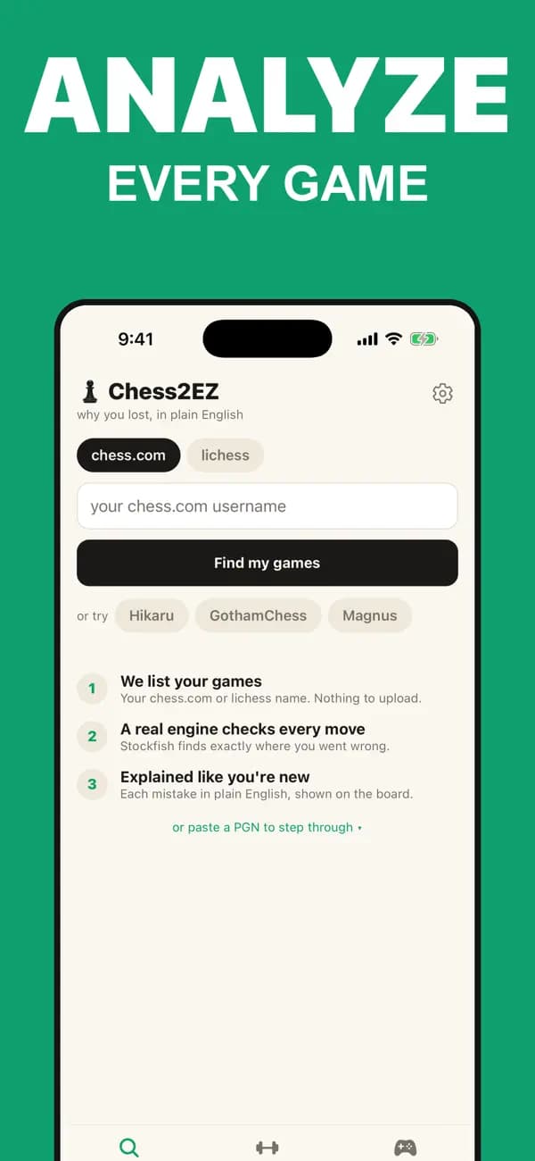 Chess2EZ iPhone app importing a Chess.com or Lichess game for analysis