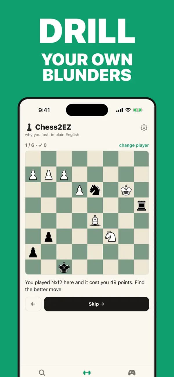 Chess2EZ iPhone personalized chess puzzle made from a real blunder