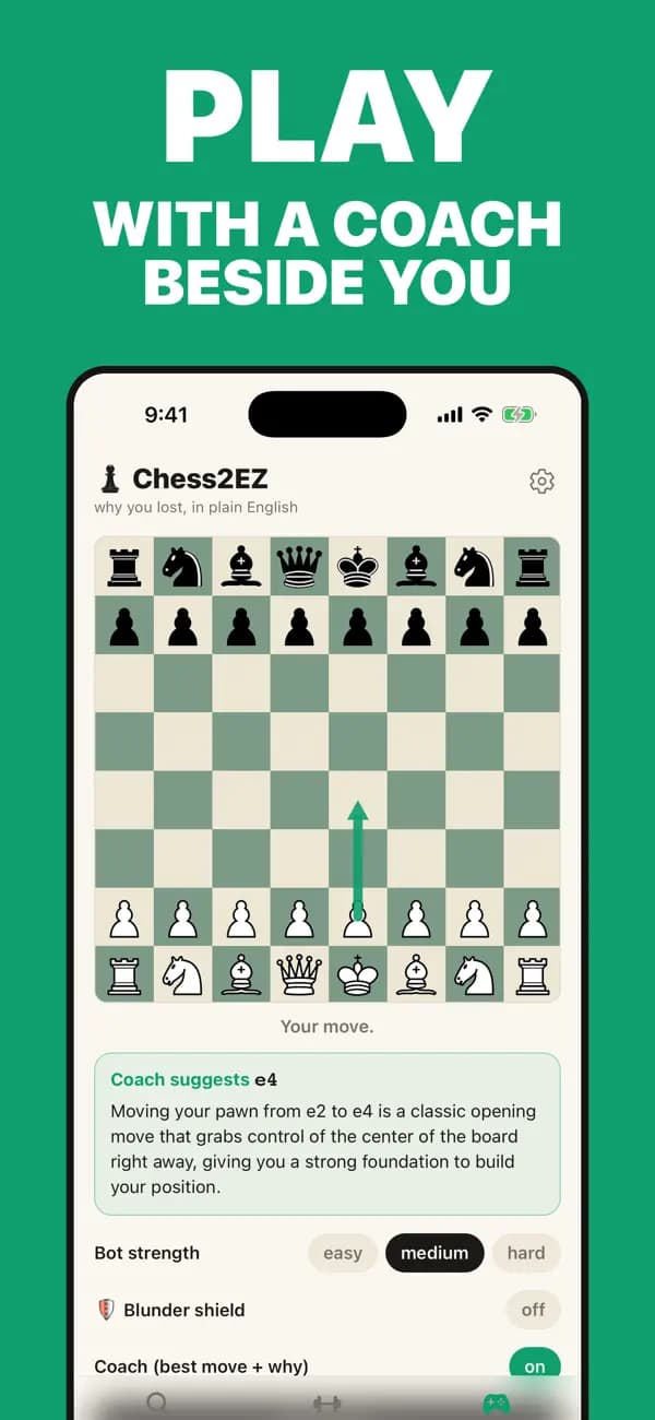 Chess2EZ iPhone live chess coach beside a practice game